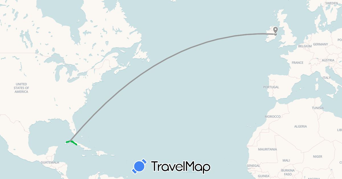 TravelMap itinerary: driving, bus, plane, boat in Cuba, Ireland (Europe, North America)